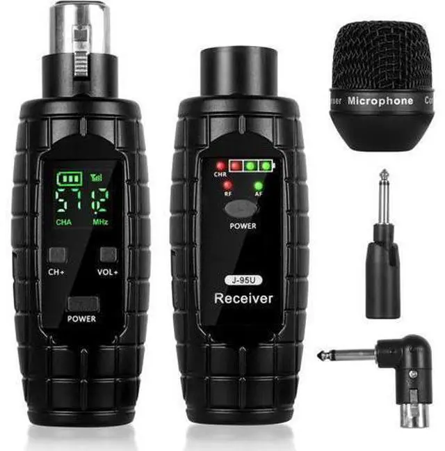 Main image of UHF Wireless Microphone System, Transmitter and Receiver XLR Adapter for Dynamic Microphones, Guitars, Mixers, PA Systems, 16 Adjustable Frequencies, USB Rechargeable, 250ft Range