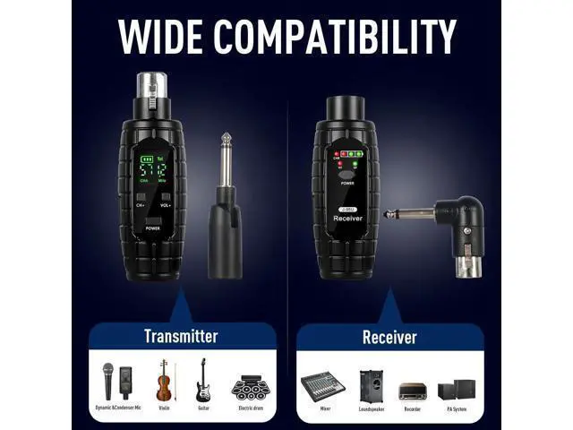 Alt view image 3 of 6 - UHF Wireless Microphone System, Transmitter and Receiver XLR Adapter for Dynamic Microphones, Guitars, Mixers, PA Systems, 16 Adjustable Frequencies, USB Rechargeable, 250ft Range