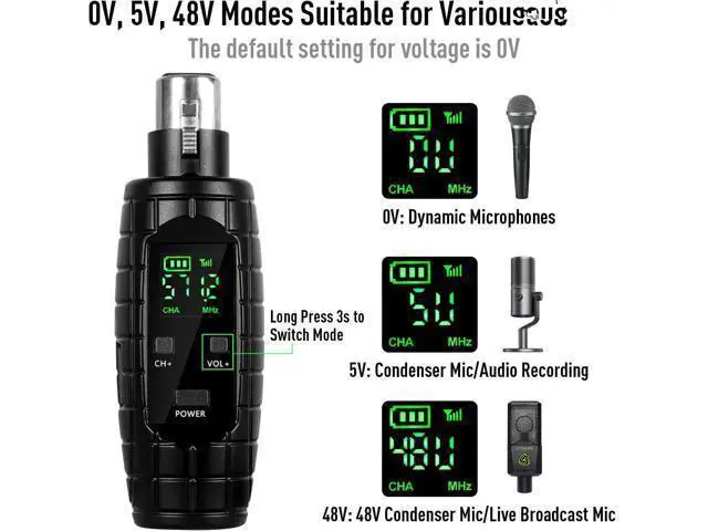 Alt view image 5 of 6 - UHF Wireless Microphone System, Transmitter and Receiver XLR Adapter for Dynamic Microphones, Guitars, Mixers, PA Systems, 16 Adjustable Frequencies, USB Rechargeable, 250ft Range