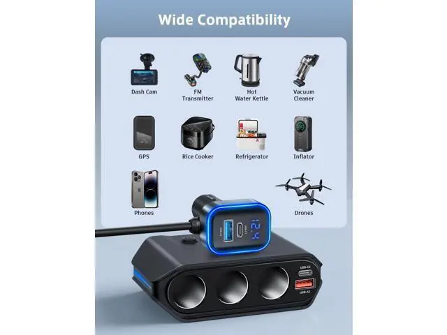 Alt view image 3 of 7 - 7-in-1 Cigarette Lighter Ignition Splitter, 180W (192W max) with Dual PD 36W/QC3.0 Fast Charging (3.7FT Cable) 12V/24V Independent Switching and LED Voltage Display