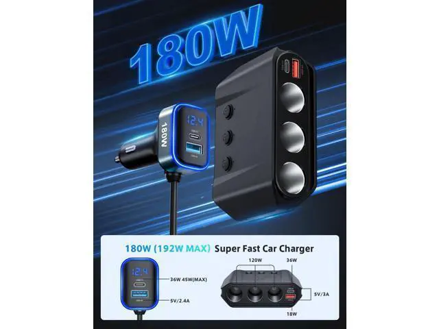 Alt view image 4 of 7 - 7-in-1 Cigarette Lighter Ignition Splitter, 180W (192W max) with Dual PD 36W/QC3.0 Fast Charging (3.7FT Cable) 12V/24V Independent Switching and LED Voltage Display