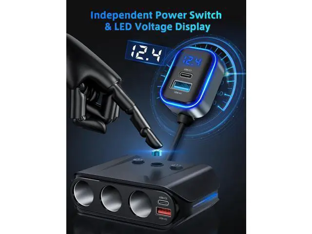 Alt view image 5 of 7 - 7-in-1 Cigarette Lighter Ignition Splitter, 180W (192W max) with Dual PD 36W/QC3.0 Fast Charging (3.7FT Cable) 12V/24V Independent Switching and LED Voltage Display