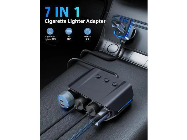 Alt view image 7 of 7 - 7-in-1 Cigarette Lighter Ignition Splitter, 180W (192W max) with Dual PD 36W/QC3.0 Fast Charging (3.7FT Cable) 12V/24V Independent Switching and LED Voltage Display