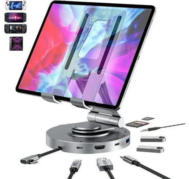 Main image of USB C Hub for Ipad Pro Docking Station, 8-in-1 Swivel Folding Type-C Tablet Holder with 4k HDMI, USB C 3.0 Data Port, 2*USB A 3.0,100W PD Charging, 3.5mm Auxiliary for Ipad Pro/Phone 15/Galaxy Tab