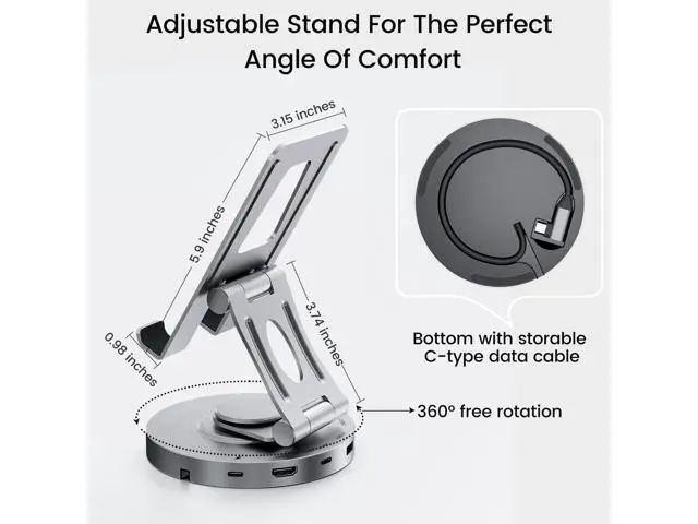 Alt view image 2 of 7 - USB C Hub for Ipad Pro Docking Station, 8-in-1 Swivel Folding Type-C Tablet Holder with 4k HDMI, USB C 3.0 Data Port, 2*USB A 3.0,100W PD Charging, 3.5mm Auxiliary for Ipad Pro/Phone 15/Galaxy Tab