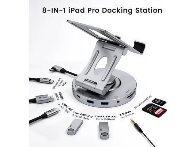 Alt view image 6 of 7 - USB C Hub for Ipad Pro Docking Station, 8-in-1 Swivel Folding Type-C Tablet Holder with 4k HDMI, USB C 3.0 Data Port, 2*USB A 3.0,100W PD Charging, 3.5mm Auxiliary for Ipad Pro/Phone 15/Galaxy Tab