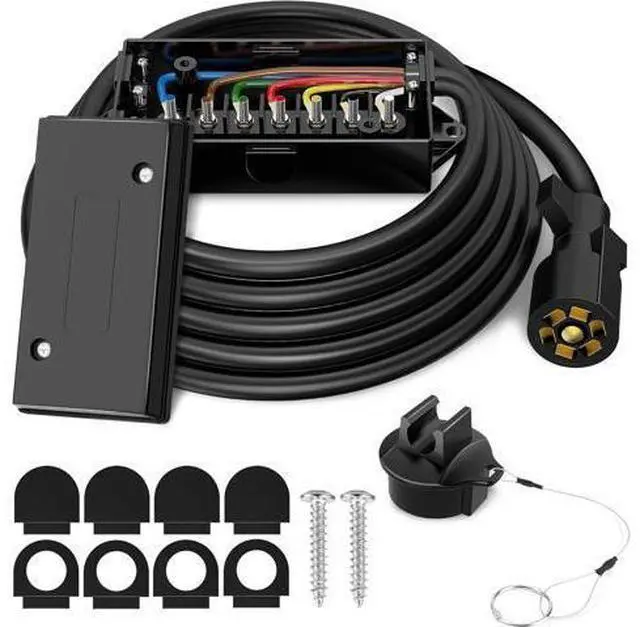 Main image of 8-foot 7-pin trailer plug, complete with a 7-pin junction box, 7-pin trailer wiring harness, heavy-duty 7-pin trailer cable, and a waterproof junction box