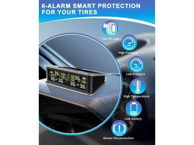 Alt view image 3 of 7 - Six-wheel RV tire pressure monitoring system (TPMS) - 6 sensors and 6 alarm modes | 0 - 144 PSI ± 1.5 PSI, solar/USB charging | For Dually trucks and heavy trailers