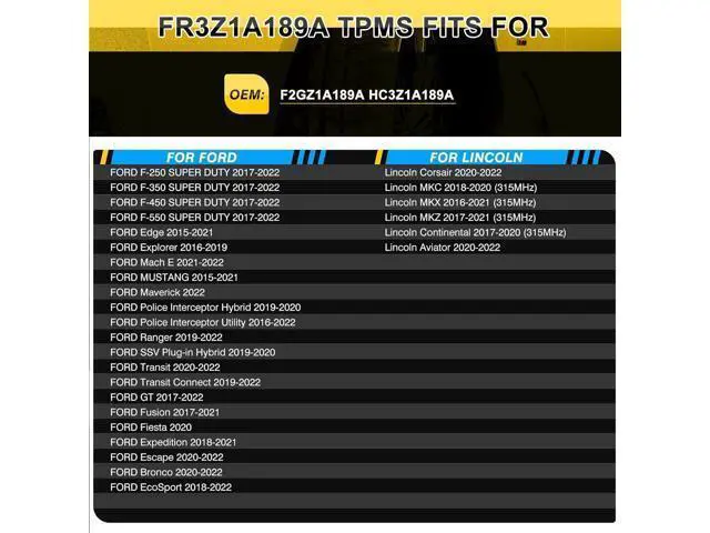 Alt view image 7 of 7 - TPMS Sensor, 315MHZ Tire Pressure Monitoring System Sensor for Ford F-Series 2017-2022 Escape 2020-2022 Fusion 2017-2021, Lincoln MKX 2016-2021 MKC 2018-2020 Nautilus 2019-2021 FR3Z1A189A, Pack of 4
