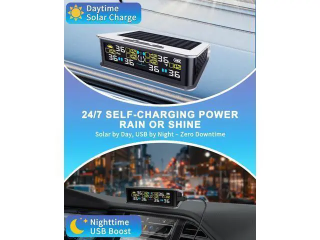 Alt view image 4 of 7 - Six-wheel RV tire pressure monitoring system (TPMS) - 6 sensors and 6 alarm modes | 0 - 144 PSI ± 1.5 PSI, solar/USB charging | For Dually trucks and heavy trailers