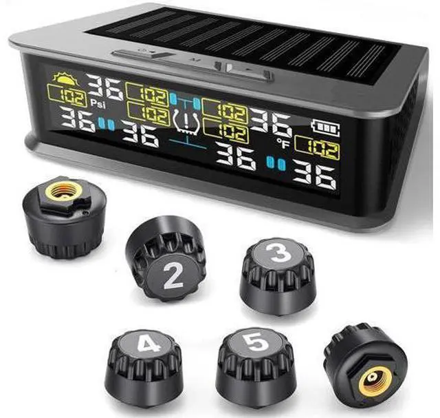 Main image of Six-wheel RV tire pressure monitoring system (TPMS) - 6 sensors and 6 alarm modes | 0 - 144 PSI ± 1.5 PSI, solar/USB charging | For Dually trucks and heavy trailers