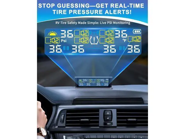 Alt view image 2 of 7 - Six-wheel RV tire pressure monitoring system (TPMS) - 6 sensors and 6 alarm modes | 0 - 144 PSI ± 1.5 PSI, solar/USB charging | For Dually trucks and heavy trailers