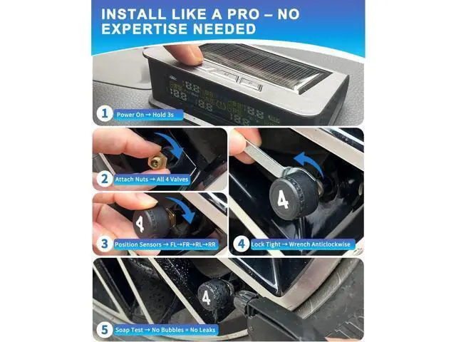 Alt view image 6 of 7 - Six-wheel RV tire pressure monitoring system (TPMS) - 6 sensors and 6 alarm modes | 0 - 144 PSI ± 1.5 PSI, solar/USB charging | For Dually trucks and heavy trailers