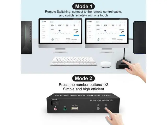 Alt view image 5 of 7 - 2 Port Dual Monitor HDMI KVM Switch 4K@60Hz, 2 Computers Extended Display KVM Switcher with Audio Mic Output & 3 USB Ports, for PC Monitor Keyboard Mouse Sharing
