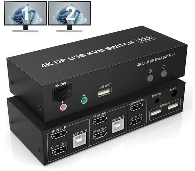 Main image of 2 Computers Dual Monitor DisplayPort KVM Switch 4K@60Hz, Extended Display DP KVM Switcher with Audio Microphone & 3 USB Ports, Share Monitor Keyboard Mouse for PC