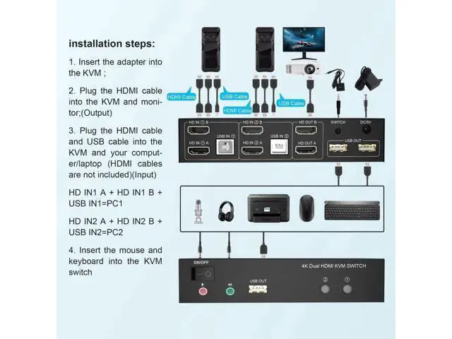 Alt view image 4 of 7 - 2 Port Dual Monitor HDMI KVM Switch 4K@60Hz, 2 Computers Extended Display KVM Switcher with Audio Mic Output & 3 USB Ports, for PC Monitor Keyboard Mouse Sharing