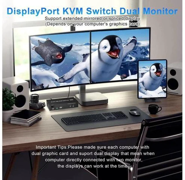 Alt view image 7 of 7 - 2 Computers Dual Monitor DisplayPort KVM Switch 4K@60Hz, Extended Display DP KVM Switcher with Audio Microphone & 3 USB Ports, Share Monitor Keyboard Mouse for PC