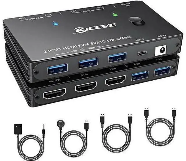 Main image of 2 Port 8K HDMI KVM Switch 8K@60Hz 4K@120Hz, Single Monitor KVM Switcher with 3 USB 3.0 Ports, 2 Computers Share Monitor Keyboard Mouse Printer, Include 2 USB Cables & Switch Controller