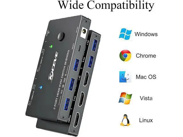 Alt view image 3 of 7 - 2 Port 8K HDMI KVM Switch 8K@60Hz 4K@120Hz, Single Monitor KVM Switcher with 3 USB 3.0 Ports, 2 Computers Share Monitor Keyboard Mouse Printer, Include 2 USB Cables & Switch Controller