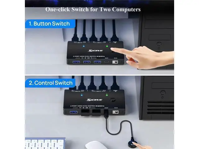 Alt view image 6 of 7 - 2 Port 8K HDMI KVM Switch 8K@60Hz 4K@120Hz, Single Monitor KVM Switcher with 3 USB 3.0 Ports, 2 Computers Share Monitor Keyboard Mouse Printer, Include 2 USB Cables & Switch Controller