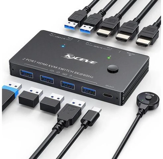 Main image of 2 Port HDMI KVM Switch 8K@60Hz 4K@120Hz USB3.0, 2 Computers Share 1 Monitor & 4 USB 3.0 Ports, KVM Switcher with Desktop Controller for Keyboard Mouse Printer