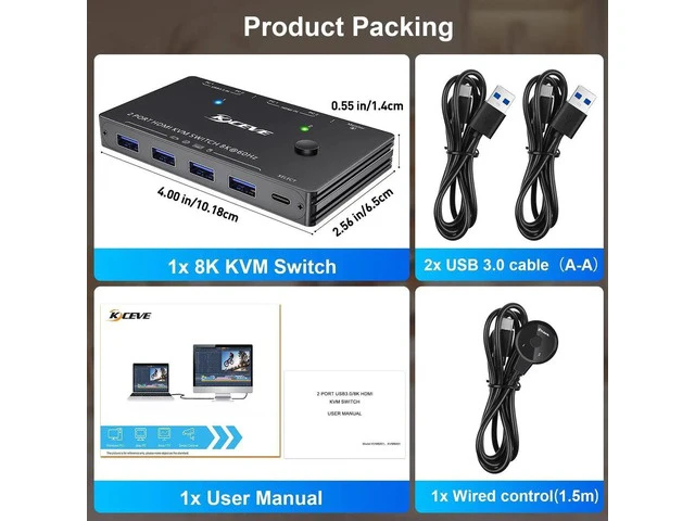 Alt view image 2 of 7 - 2 Port HDMI KVM Switch 8K@60Hz 4K@120Hz USB3.0, 2 Computers Share 1 Monitor & 4 USB 3.0 Ports, KVM Switcher with Desktop Controller for Keyboard Mouse Printer