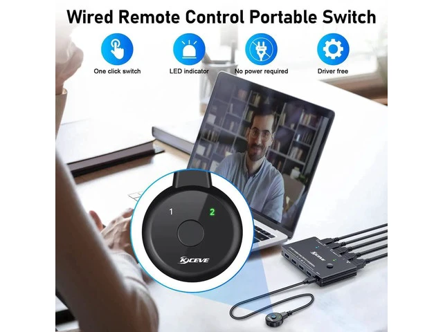 Alt view image 7 of 7 - 2 Port HDMI KVM Switch 8K@60Hz 4K@120Hz USB3.0, 2 Computers Share 1 Monitor & 4 USB 3.0 Ports, KVM Switcher with Desktop Controller for Keyboard Mouse Printer