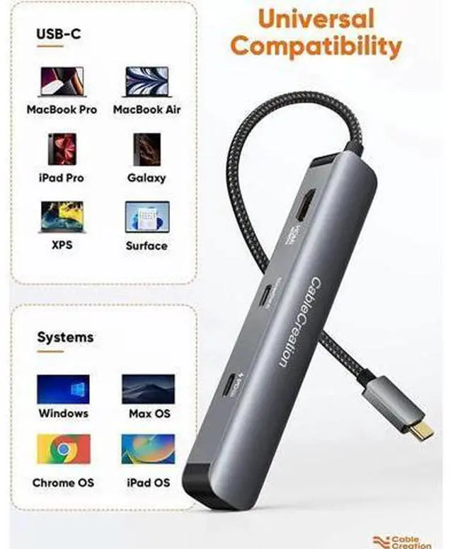 Alt view image 2 of 7 - USB C Hub Multiport Adapter, CableCreation 7-in-1 USB-C Hub with 4K 60Hz HDMI, 100W PD, USB-C and 2 USB 3.0 5Gbps Data Ports, SD/TF Card Slots for Steam Deck, MacBook Pro/Air, iPad Pro, Pixelbook, XPS