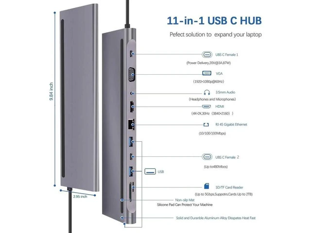 Alt view image 4 of 7 - 11 in 1 USB Type-C Hub to 4K HDMI VGA, Laptop Docking Station with 87W PD, Compatible with MacBook Pro, iPad, Samsung DeX