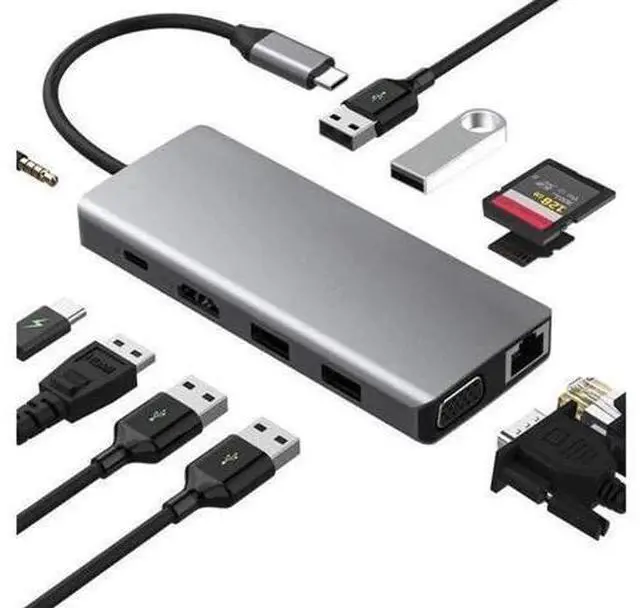 Main image of 11 in 1 USB C Hub Multiport Docking Station, USB-C Dongle with 4K HDMI, VGA, Gigabit Ethernet, 100W PD Charging, 2 USB 3.0, 2 USB 2.0, Mic/Audio, SD/TF Card Reader Compatible with MacBook Pro/Air and