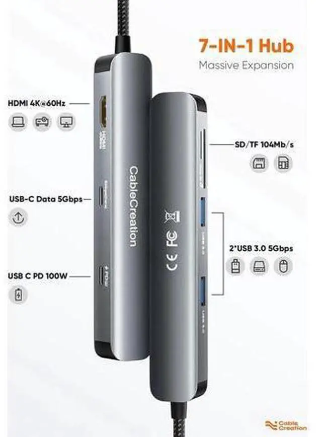 Alt view image 6 of 7 - USB C Hub Multiport Adapter, CableCreation 7-in-1 USB-C Hub with 4K 60Hz HDMI, 100W PD, USB-C and 2 USB 3.0 5Gbps Data Ports, SD/TF Card Slots for Steam Deck, MacBook Pro/Air, iPad Pro, Pixelbook, XPS