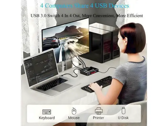 Alt view image 5 of 7 - 4 Port USB 3.0 Switch Selector, 4 Computers USB Sharing Switch Box, Share 4 USB Devices Keyboard Mouse Printer, Come with Wired Remote & 4 USB 3.0 Cables