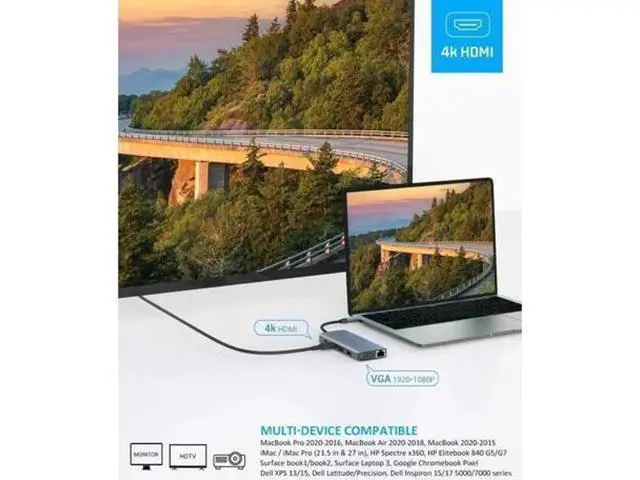 Alt view image 2 of 7 - 11 in 1 USB C Hub Multiport Docking Station, USB-C Dongle with 4K HDMI, VGA, Gigabit Ethernet, 100W PD Charging, 2 USB 3.0, 2 USB 2.0, Mic/Audio, SD/TF Card Reader Compatible with MacBook Pro/Air and