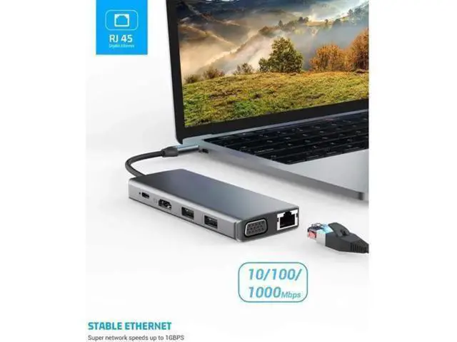 Alt view image 3 of 7 - 11 in 1 USB C Hub Multiport Docking Station, USB-C Dongle with 4K HDMI, VGA, Gigabit Ethernet, 100W PD Charging, 2 USB 3.0, 2 USB 2.0, Mic/Audio, SD/TF Card Reader Compatible with MacBook Pro/Air and