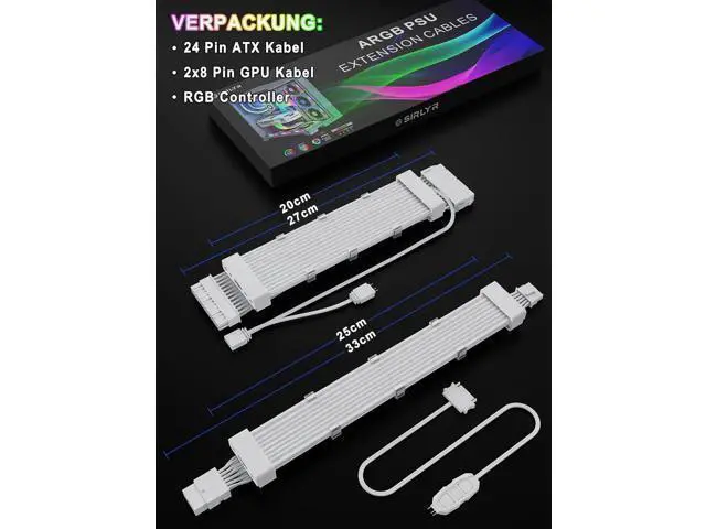 Alt view image 7 of 7 - ARGB LED PSU Cable Extension Kit, PVC Sleeved 16AWG 24Pin ATX & Dual 8Pin PCIE RGB Power Extension Cables for Gaming PC Modding