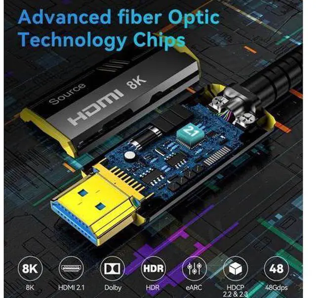 Alt view image 3 of 7 - 50FT Fiber Optic HDMI 2.1 Cable 8K 48Gbps Ultra High Speed Gold-Plated Male-to-Male Cord for PS5/PS4/PC/HDTV/Projector/Large Display