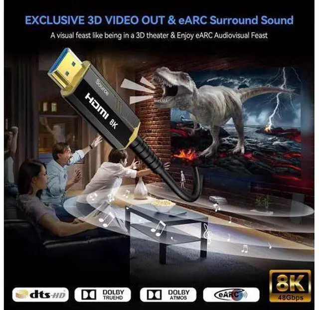 Alt view image 6 of 7 - 8K Fiber Optic HDMI 2.1 Cable 30Ft, 48Gbps Ultra High Speed 8K@60Hz 4K@120Hz, Gold-Plated Male-to-Male Cord for PS5/PC/HDTV/Monitor/Projector
