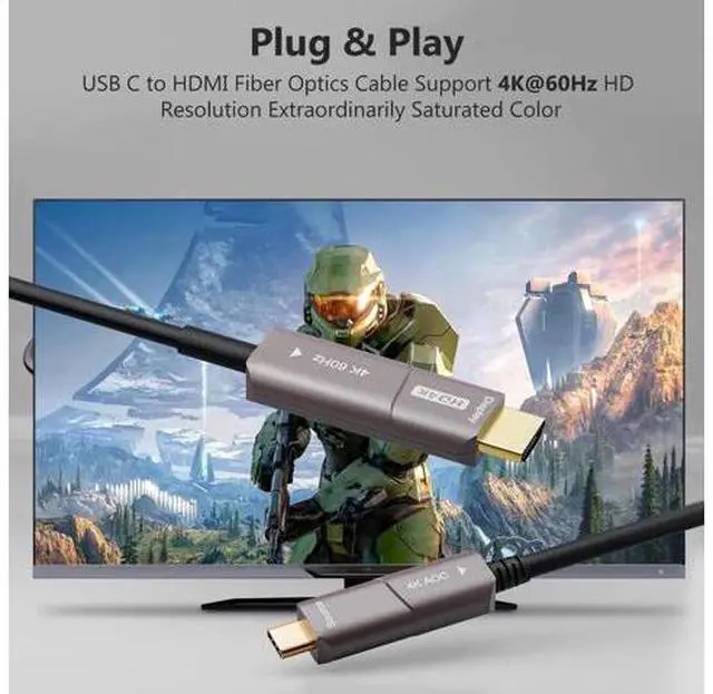 Alt view image 3 of 7 - 10M USB C to HDMI Optical Cable, USB 3.1 Type C to 4K HDMI Cord, Thunderbolt 3/4 Compatible Active Optical Cable for MacBook Pro Air, Laptop Monitor TV Projector F0402-AOC-10M