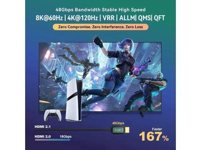 Alt view image 3 of 7 - 20 ft Fiber Optic HDMI 2.1 Cable, 48Gbps High Speed 8K Cord, 8K@60Hz 4K@120Hz VRR ALLM eARC HDR, Interference-Immune Ultra Long Cable for Projector Home Theater PS5 Xbox Gaming