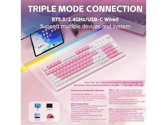 Alt view image 4 of 5 - 99 Keys Tri-Mode Wireless Gaming Keyboard, BT/2.4G/USB-C Creamy Typing Keyboard with Numpad RGB Backlit Cute Pink Keyboard for PC Gamers