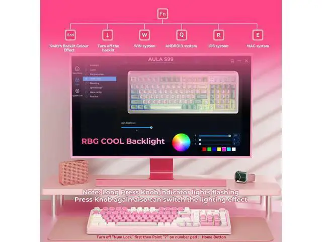 Alt view image 3 of 5 - 99 Keys Tri-Mode Wireless Gaming Keyboard, BT/2.4G/USB-C Creamy Typing Keyboard with Numpad RGB Backlit Cute Pink Keyboard for PC Gamers