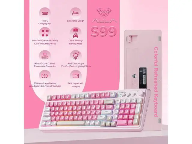 Alt view image 5 of 5 - 99 Keys Tri-Mode Wireless Gaming Keyboard, BT/2.4G/USB-C Creamy Typing Keyboard with Numpad RGB Backlit Cute Pink Keyboard for PC Gamers