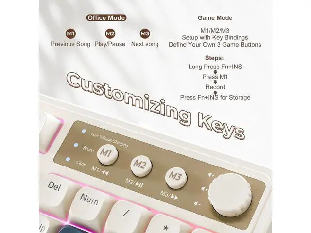 Alt view image 2 of 6 - 99 Keys Tri-Mode Wireless Membrane Gaming Keyboard Retro Creamy Color BT 2.4G USB-C With Numpad Media Knob Programmable RGB Keyboard Blue Grey