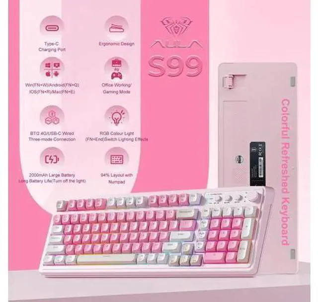 Alt view image 4 of 5 - S99 Wireless Gaming Keyboard, Tri Mode Bluetooth Creamy Custom Keyboard With Number Pad, RGB Backlit Media Knob Programmable Gaming Keyboard Gradient Blue For PC Laptop Gamers