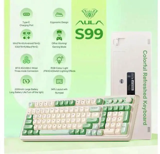 Alt view image 2 of 7 - S99 Tri-Mode Wireless Gaming Keyboard, Bluetooth 2.4G USB-C Custom Creamy Keyboard with Numpad, RGB Backlit Media Control Knob Programmable Mechanical Keyboard for PC Gamers - Green