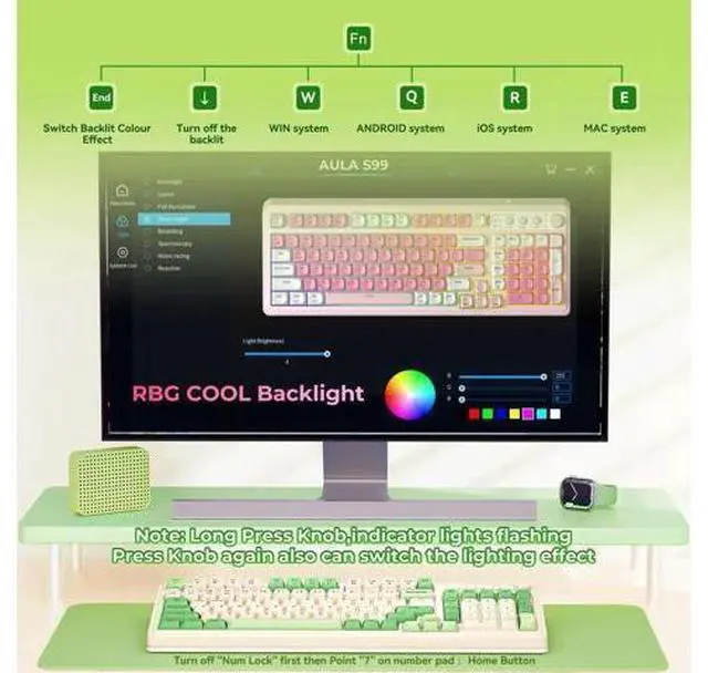 Alt view image 3 of 7 - S99 Tri-Mode Wireless Gaming Keyboard, Bluetooth 2.4G USB-C Custom Creamy Keyboard with Numpad, RGB Backlit Media Control Knob Programmable Mechanical Keyboard for PC Gamers - Green