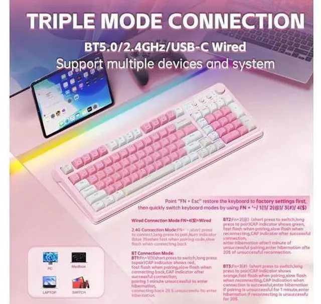 Alt view image 5 of 5 - S99 Wireless Gaming Keyboard, Tri Mode Bluetooth Creamy Custom Keyboard With Number Pad, RGB Backlit Media Knob Programmable Gaming Keyboard Gradient Blue For PC Laptop Gamers