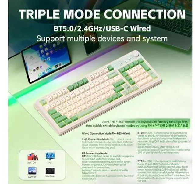 Alt view image 4 of 7 - S99 Tri-Mode Wireless Gaming Keyboard, Bluetooth 2.4G USB-C Custom Creamy Keyboard with Numpad, RGB Backlit Media Control Knob Programmable Mechanical Keyboard for PC Gamers - Green