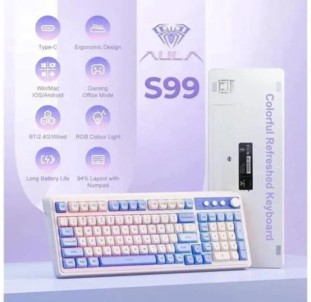 Alt view image 4 of 7 - 99 Keys Tri-Mode Wireless Gaming Keyboard, Purple Creamy Sound Keyboard with Numpad, Media Knob RGB Backlit Custom Mechanical Feel Keyboard for MAC Xbox PC Gamers