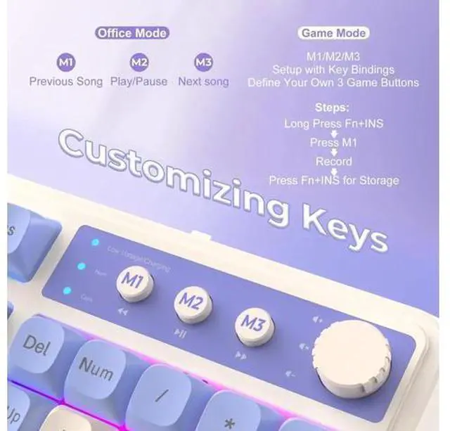 Alt view image 7 of 7 - 99 Keys Tri-Mode Wireless Gaming Keyboard, Purple Creamy Sound Keyboard with Numpad, Media Knob RGB Backlit Custom Mechanical Feel Keyboard for MAC Xbox PC Gamers